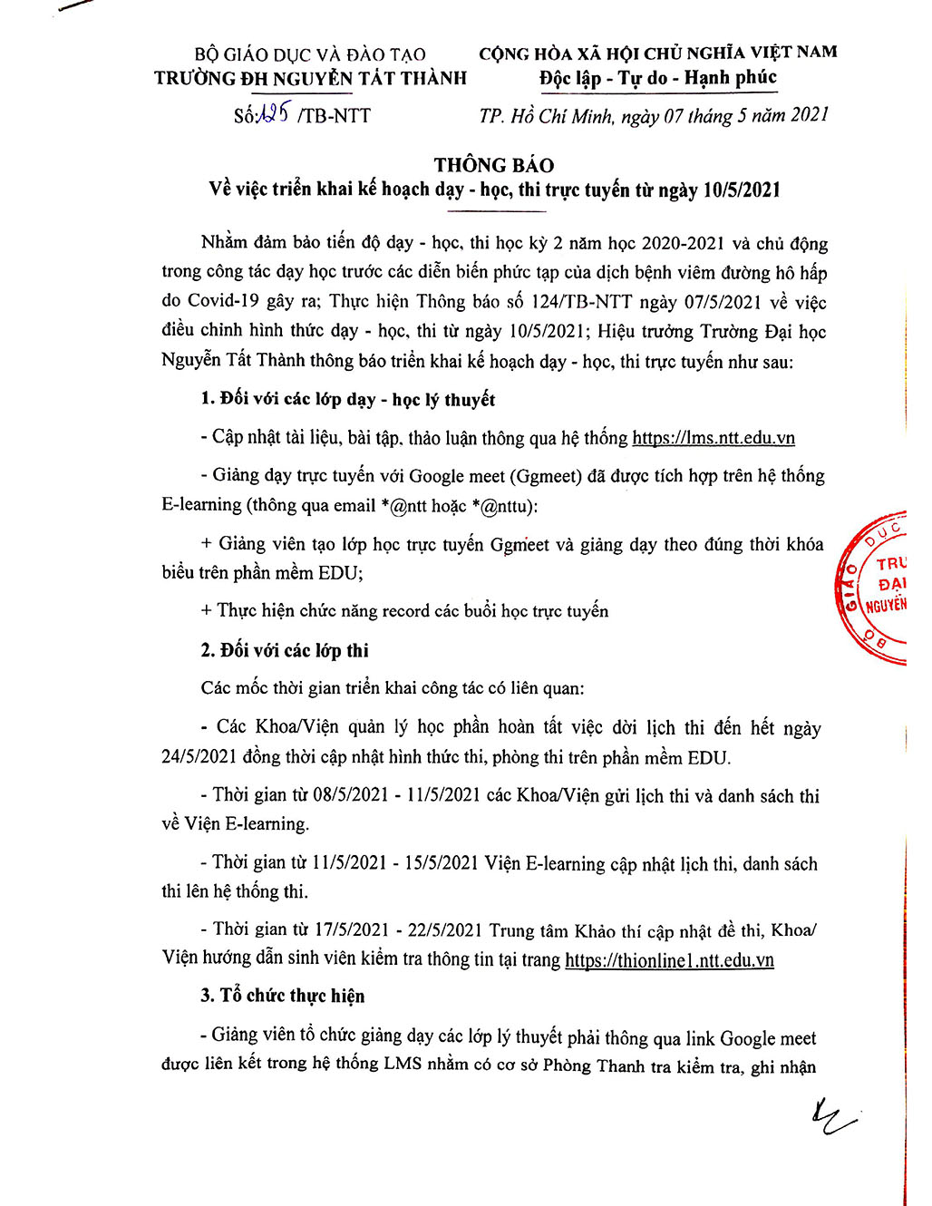 Thông báo Về việc triển khai kế hoạch dạy - học, thi trực tuyến HK2 2020-2021